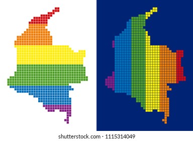Dot LGBT Colombia map versions. Vector geographic plans in LGBT flag colors with vertical and horizontal directions on white and blue backgrounds.