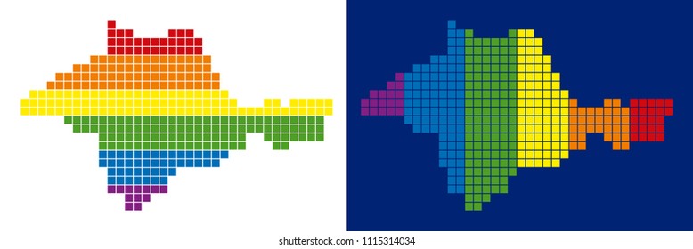 Dot LGBT Crimea map versions. Vector geographic maps in spectrum colors with vertical and horizontal directions on white and blue backgrounds.