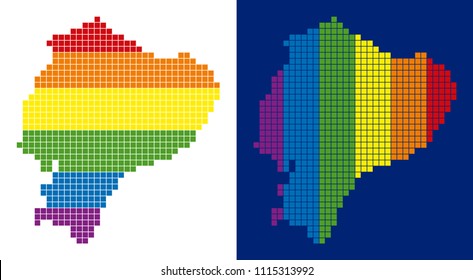 Dot LGBT Ecuador map versions. Vector geographic plans in LGBT rainbow colors with vertical and horizontal directions on white and blue backgrounds.