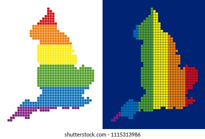 Dot LGBT England map variants. Vector geographic schemes in spectrum colors with vertical and horizontal directions on white and blue backgrounds.