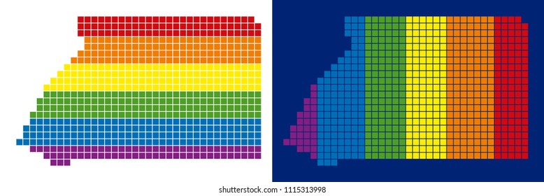 Dot LGBT Equatorial Guinea map versions. Vector geographic schemes in rainbow colors with vertical and horizontal directions on white and blue backgrounds.