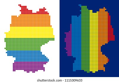 Dot LGBT Germany map versions. Vector geographic schemes in LGBT rainbow colors with vertical and horizontal directions on white and blue backgrounds.