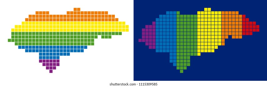 Dot LGBT Honduras map versions. Vector geographic schemes in rainbow colors with vertical and horizontal directions on white and blue backgrounds.