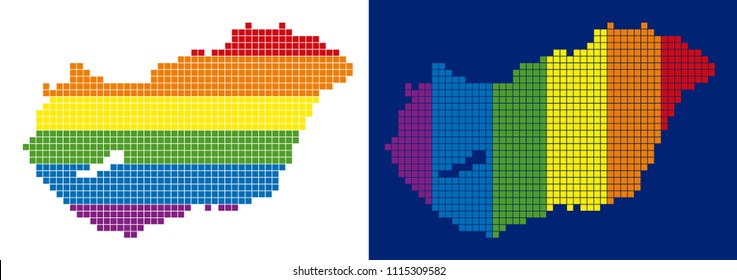 Dot LGBT Hungary map variants. Vector geographic plans in LGBT rainbow colors with vertical and horizontal directions on white and blue backgrounds.