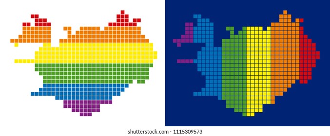 Dot LGBT Iceland map versions. Vector geographic maps in spectrum colors with vertical and horizontal directions on white and blue backgrounds.