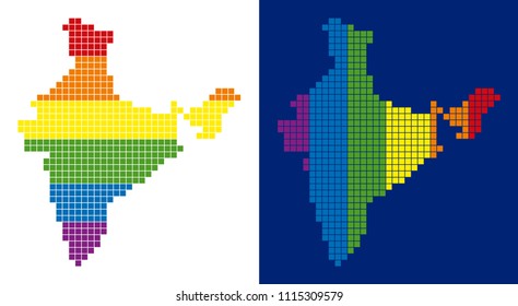 Dot LGBT India map variants. Vector geographic schemes in spectral colors with vertical and horizontal directions on white and blue backgrounds.