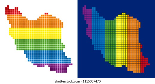 Dot LGBT Iran map variants. Vector geographic plans in LGBT flag colors with vertical and horizontal directions on white and blue backgrounds. Color abstract collage of Iran map done of dots.