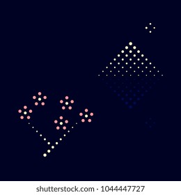 Dot line mount simple geometric design. Pink spring flowers, snow mountain vector elements on a navy blue background. Minimal concept for cards, flyers, banners, logo, travel invite.