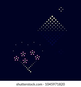 Dot line mount simple geometric design. Pink spring flowers, snow mountain vector elements on a navy blue background. Minimal concept for cards, flyers, banners, logo, travel invite.