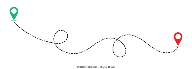 Dot line path route travel banner illustration with location map pin icon for destination on white background in ep s10.