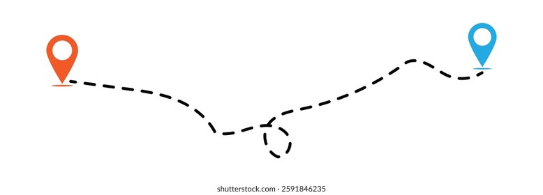 Dot line path route travel banner illustration with location map pin icon for destination on white background in ep s10.