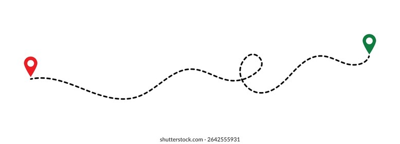 Ilustração da faixa de viagem do caminho de linha de ponto com ícone de pin do mapa de localização. Ícone de local de rota, sinal de dois pinos e linha pontilhada no eps 10.