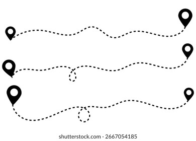 Ilustração da faixa de viagem do caminho de linha de ponto com ícone de pin do mapa de localização. Ícone de local do roteiro. Ícone de rota e distância definido.