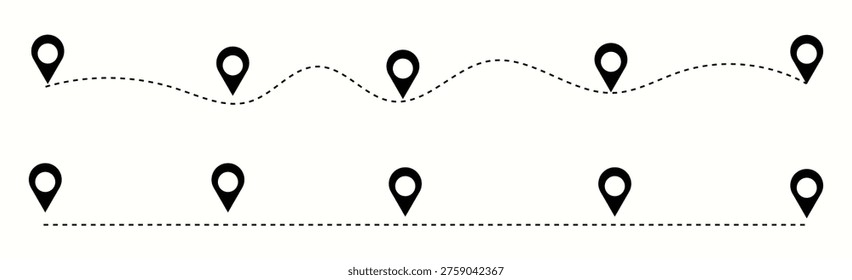 Dot line path route travel vector with location map. Location  connected by a dashed line across the graphic white background. 