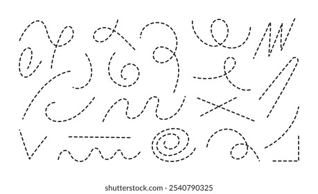 Linhas de ponto, ponteiros de traço com garatujas. Linhas abstratas de curva desenhadas à mão. Elementos de círculo vetorial de ponto, elementos de curva. Ícones de vetor