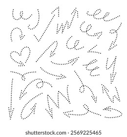 Dot lines, doodle dash pointers. Hand drawn curve abstract lines. Dot vector circle elements, arrows, curve elements. Vector icons