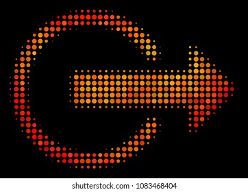 Dot logout icon. Bright pictogram in fire orange color hues on a black background. Vector halftone concept of logout icon composed with spheric dots.