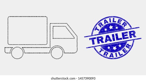 Dot lorry mosaic icon and Trailer seal stamp. Blue vector rounded textured seal stamp with Trailer title. Vector combination in flat style. Black isolated lorry mosaic of random circles,