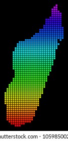 A dot Madagascar Island Map. Vector geographic map in bright spectrum colors on a black background. Color vector abstract composition of Madagascar Island Map constructed of dot elements.