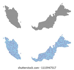Dot Malaysia map version. Vector territorial schemes in black color and blue color variations. Abstract mosaic of Malaysia map done with spheric element matrix.