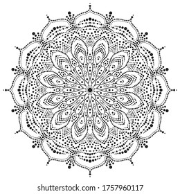 Dot mandala for acrylic painting. Spot painting point to point. Abstract design of mandala in dot paint style. Aboriginal australian ethnic round ornament black color on white background