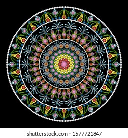 Dot mandala art, A wheel of flowers are blooming with dark green leaves because they receiving sufficient water and sunlight.
