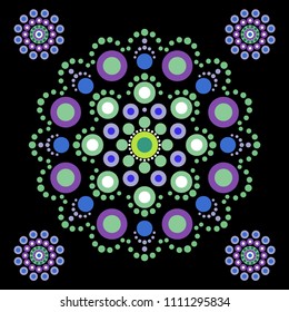 Dot mandala on black background. Dotted ornament. Round design in green, purple, violet colors. Folk dot art. Vector illustration
