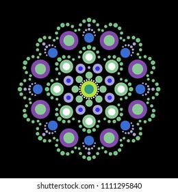 Dot mandala on black background. Round dotted design in green, purple, violet colors. Point to point ornament. Folk dot art. Vector 