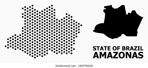 Dot map of Amazonas State composition and solid illustration. Vector map of Amazonas State composition of spheric pixels with honeycomb periodic order on a white background.