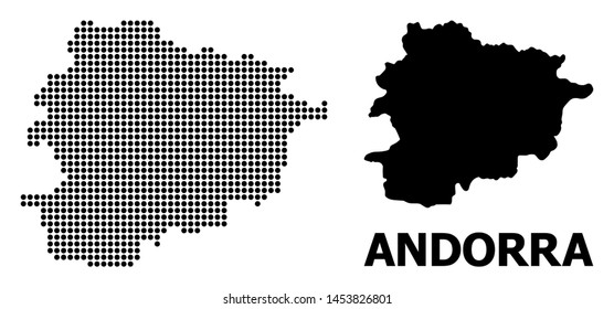 Dot map of Andorra composition and solid illustration. Vector map of Andorra composition of circle pixels on a white background. Abstract flat territory scheme for education purposes.