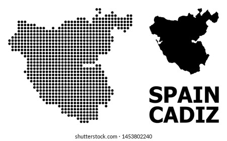 Dot map of Cadiz Province composition and solid illustration. Vector map of Cadiz Province composition of sphere spots on a white background. Abstract flat territory plan for political purposes.