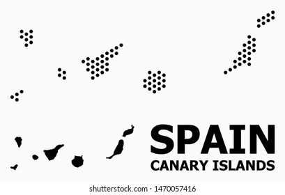 Dot map of Canary Islands composition and solid illustration. Vector map of Canary Islands composition of spheric spots with honeycomb geometric pattern on a white background.