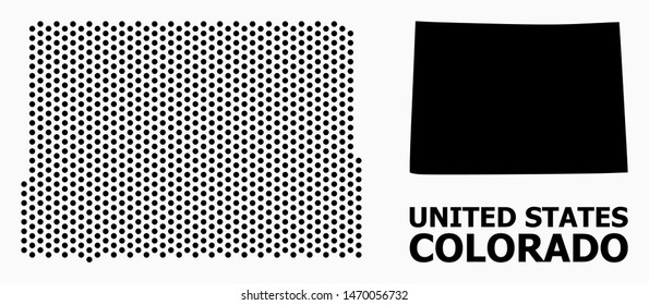 Dot map of Colorado State composition and solid illustration. Vector map of Colorado State composition of round items with honeycomb geometric array on a white background.