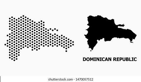 Dot map of Dominican Republic composition and solid illustration. Vector map of Dominican Republic composition of circle items with hexagonal periodic array on a white background.