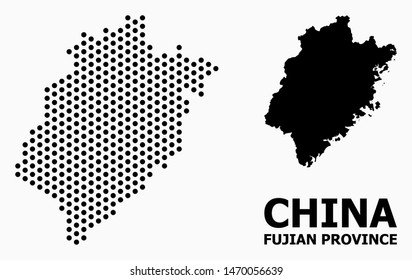 Dot map of Fujian Province composition and solid illustration. Vector map of Fujian Province composition of spheric elements with honeycomb periodic pattern on a white background.