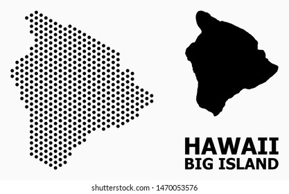 Dot map of Hawaii Big Island composition and solid illustration. Vector map of Hawaii Big Island composition of spheric items with honeycomb periodic pattern on a white background.