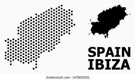 Dot map of Ibiza Island composition and solid illustration. Vector map of Ibiza Island composition of circle items with honeycomb periodic order on a white background.