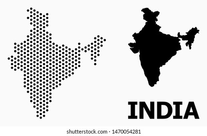 Dot map of India composition and solid illustration. Vector map of India composition of sphere items with hexagonal geometric array on a white background.