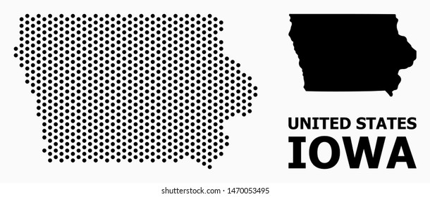 Dot map of Iowa State composition and solid illustration. Vector map of Iowa State composition of round elements with hexagonal periodic array on a white background.