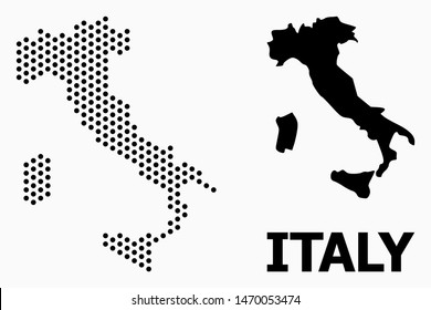 Dot map of Italy composition and solid illustration. Vector map of Italy composition of spheric pixels with hexagonal geometric pattern on a white background.