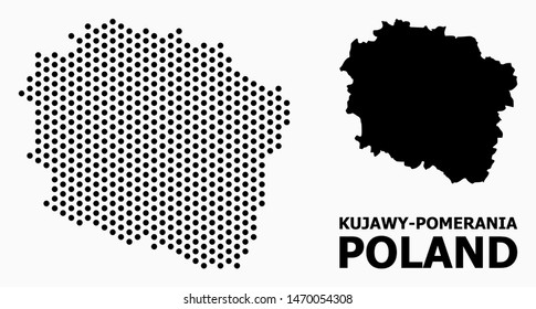 Dot map of Kujawy-Pomerania Province composition and solid illustration. Vector map of Kujawy-Pomerania Province composition of round dots with honeycomb periodic array on a white background.