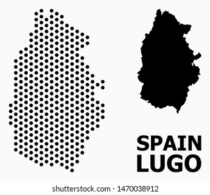 Dot map of Lugo Province composition and solid illustration. Vector map of Lugo Province composition of round elements with hexagonal geometric pattern on a white background.