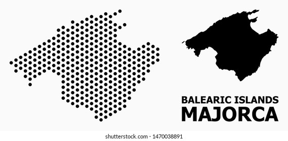 Dot map of Majorca composition and solid illustration. Vector map of Majorca composition of round pixels with hexagonal periodic array on a white background.