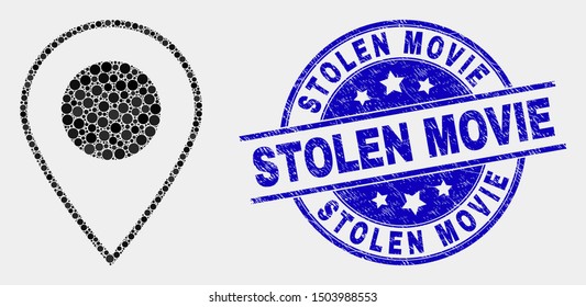 Dot map marker mosaic pictogram and Stolen Movie seal stamp. Blue vector round distress seal stamp with Stolen Movie title. Vector collage in flat style.