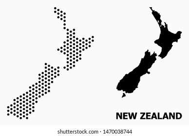 Dot map of New Zealand composition and solid illustration. Vector map of New Zealand composition of circle spots with hexagonal geometric pattern on a white background.