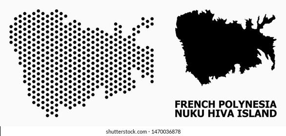Dot map of Nuku Hiva Island composition and solid illustration. Vector map of Nuku Hiva Island composition of sphere pixels with honeycomb periodic pattern on a white background.