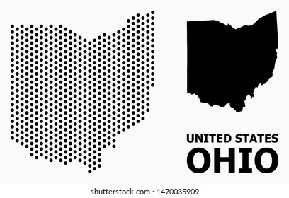 Dot map of Ohio State composition and solid illustration. Vector map of Ohio State composition of circle pixels with hexagonal periodic pattern on a white background.