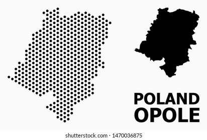 Dot map of Opole Province composition and solid illustration. Vector map of Opole Province composition of circle elements with honeycomb geometric array on a white background.