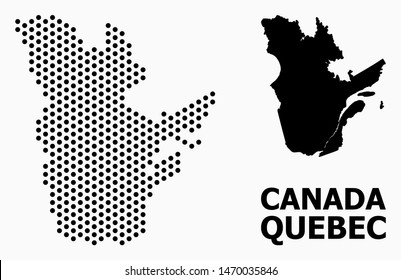 Dot map of Quebec Province composition and solid illustration. Vector map of Quebec Province composition of sphere items with hexagonal geometric pattern on a white background.