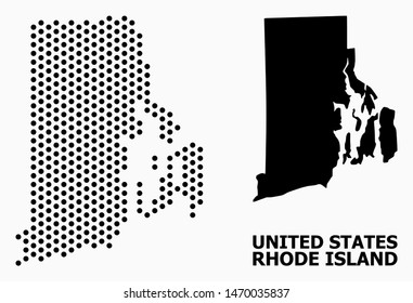 Dot map of Rhode Island State composition and solid illustration. Vector map of Rhode Island State composition of spheric spots with honeycomb periodic order on a white background.